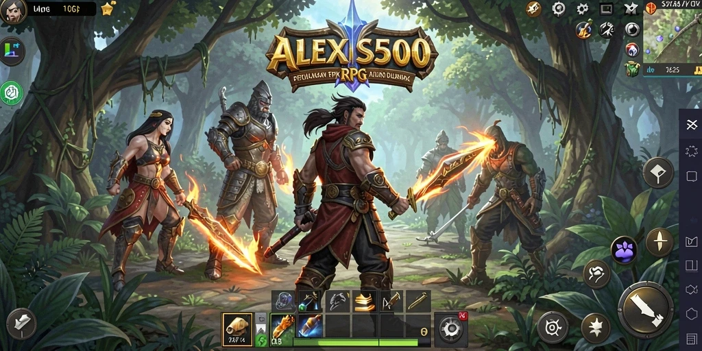 Screenshot utama ALEXIS500 menampilkan aksi pertempuran RPG yang mendebarkan.