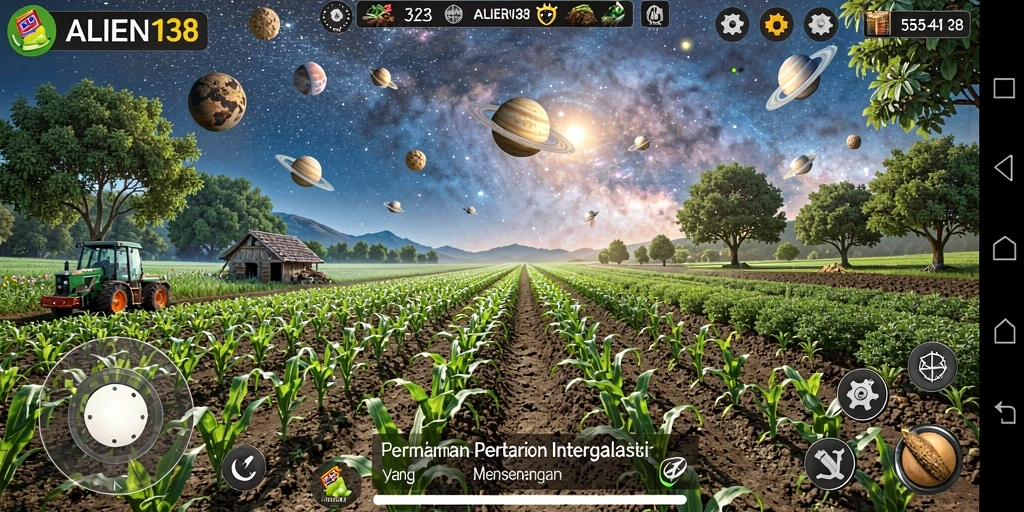 Screenshot gameplay ALIEN138 menunjukkan pengalaman bertani yang unik dan menyenangkan.