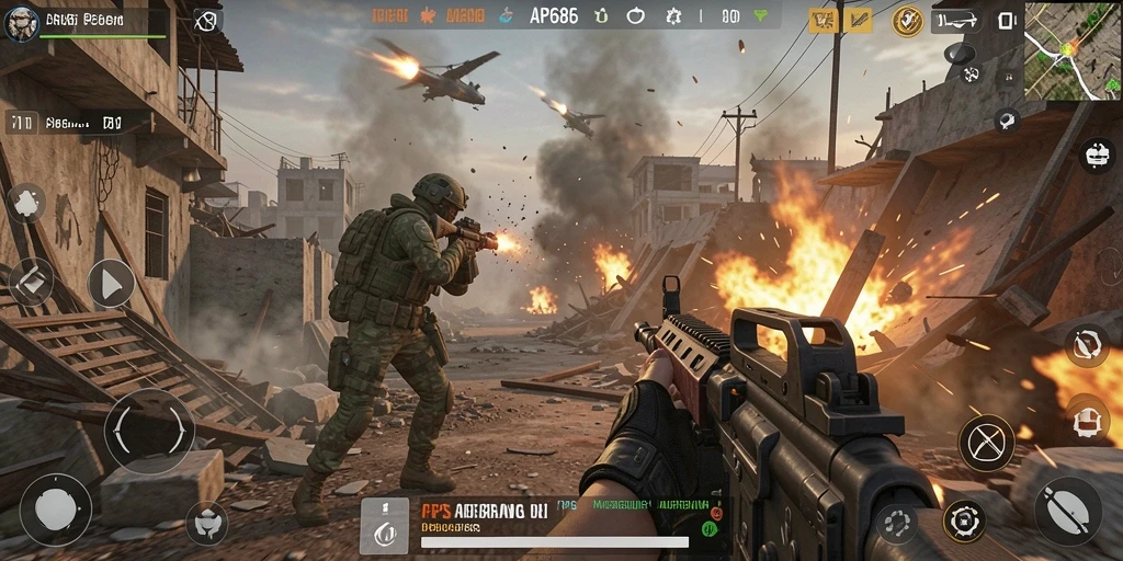 Screenshot utama AP686 menampilkan aksi tembak-menembak intens di medan perang.