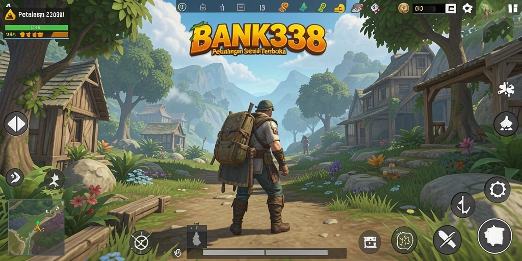 Screenshot utama BANK338 menampilkan gameplay petualangan dunia terbuka yang menakjubkan.