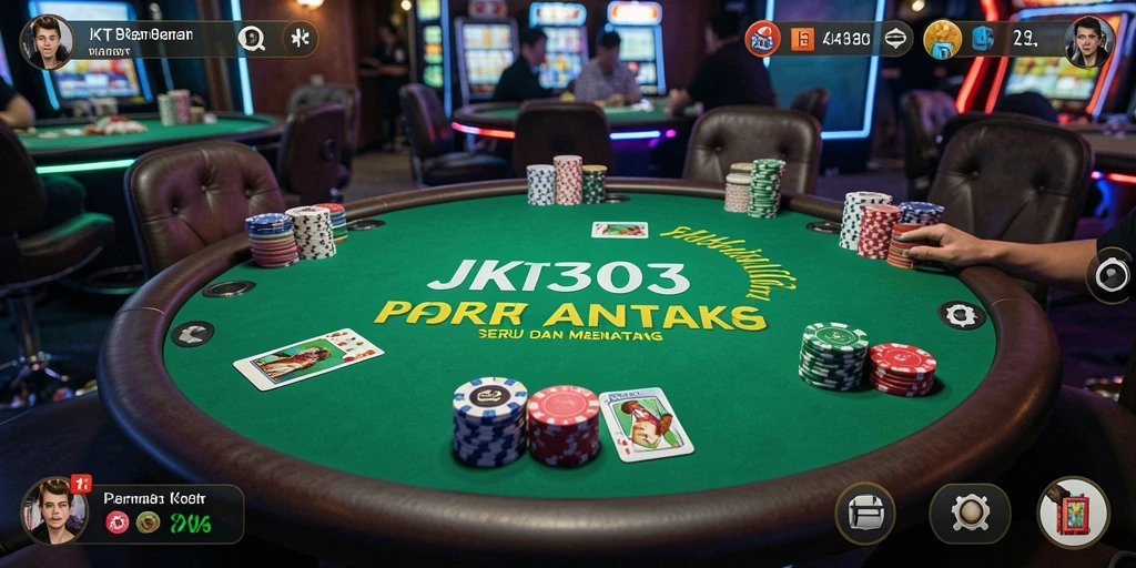 Tampilan gameplay poker seru di JKT303 dengan pemain yang berinteraksi.