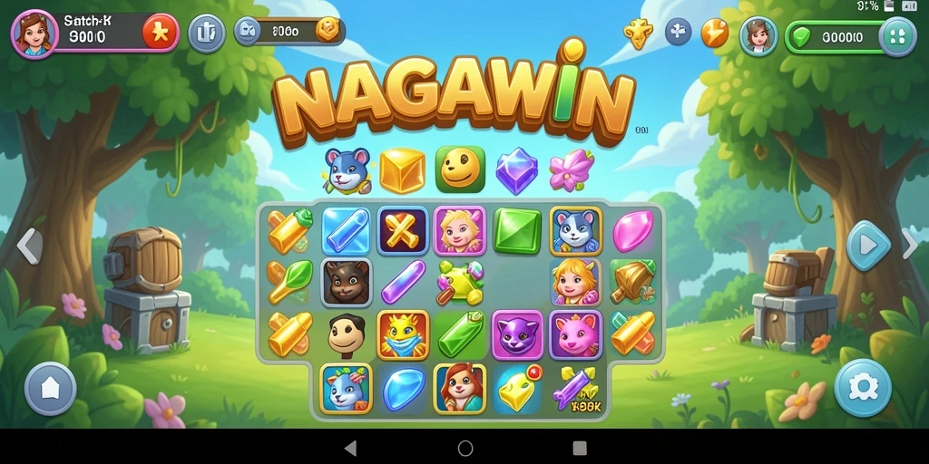 Screenshot NAGAWIN menampilkan gameplay seru dan warna-warni dalam pertempuran Match-3.