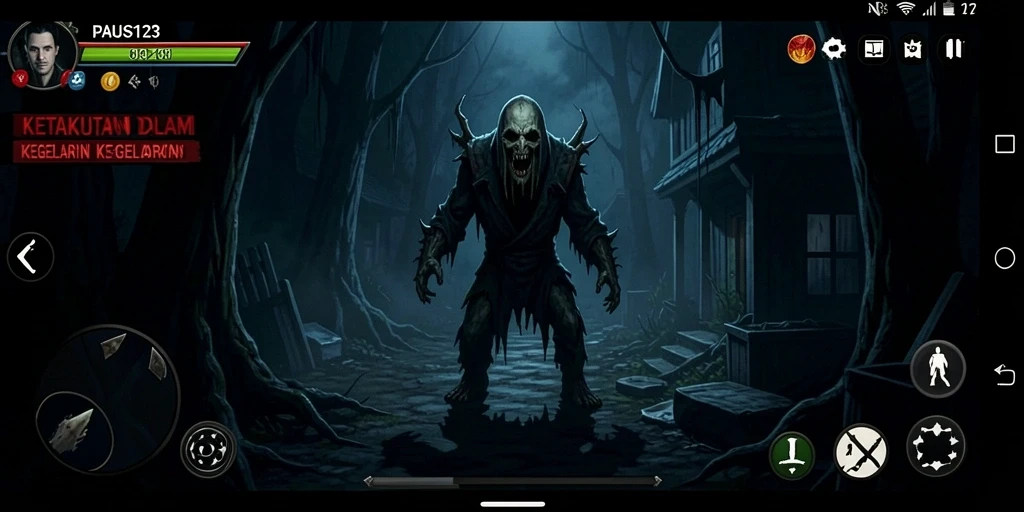 Tampilan gameplay menegangkan di dalam kegelapan.