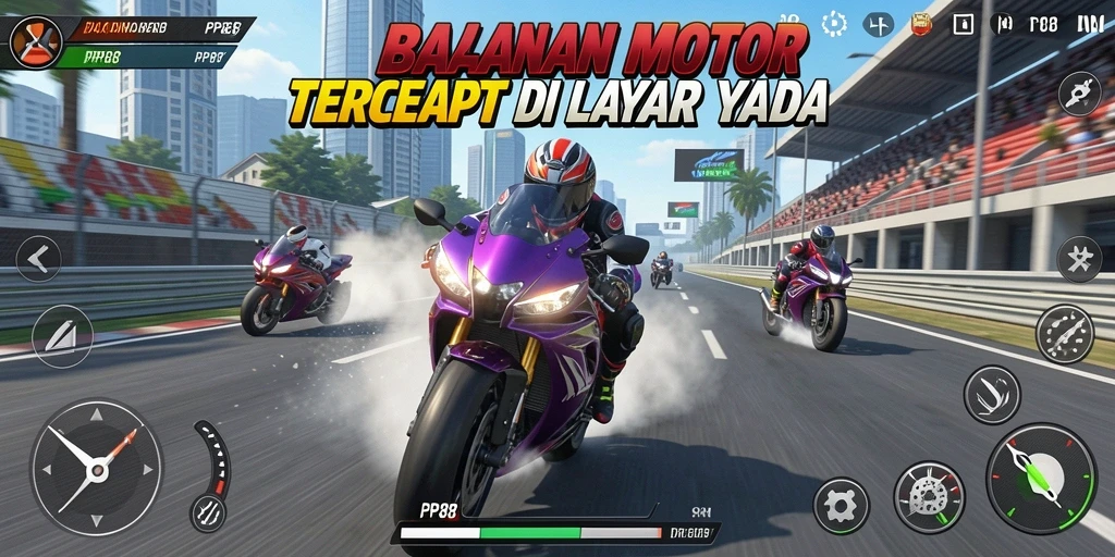 Tampilan gameplay seru PP88 dengan balapan motor cepat.