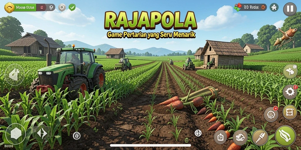 Tampilan gameplay RAJAPOLA yang menampilkan aktivitas pertanian yang seru.