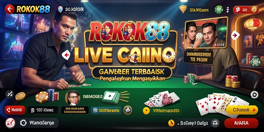 Tampilan gameplay ROKOK88 menunjukkan dealer profesional dan suasana kasino yang mendebarkan.