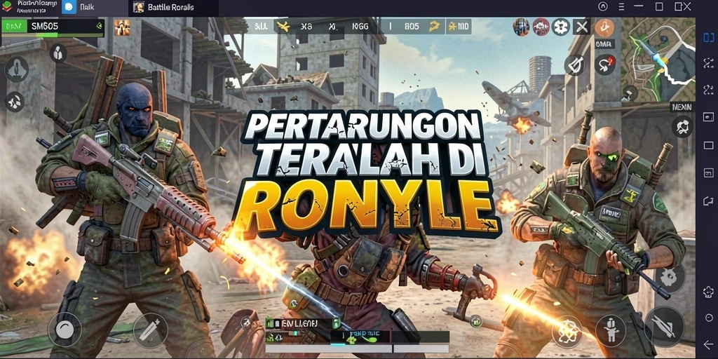 Screenshot utama SM605 menampilkan adegan pertarungan intens di arena Battle Royale.