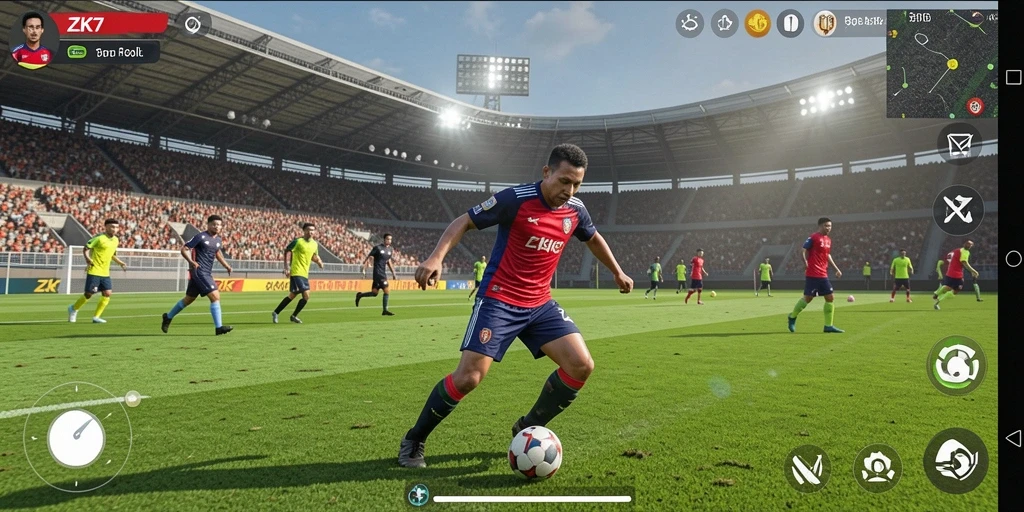 Gameplay ZK7 menampilkan pertandingan sepak bola yang seru dan dinamis.